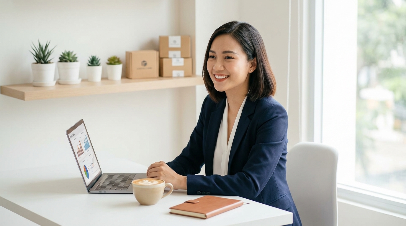 Happy business owner managing her online store
